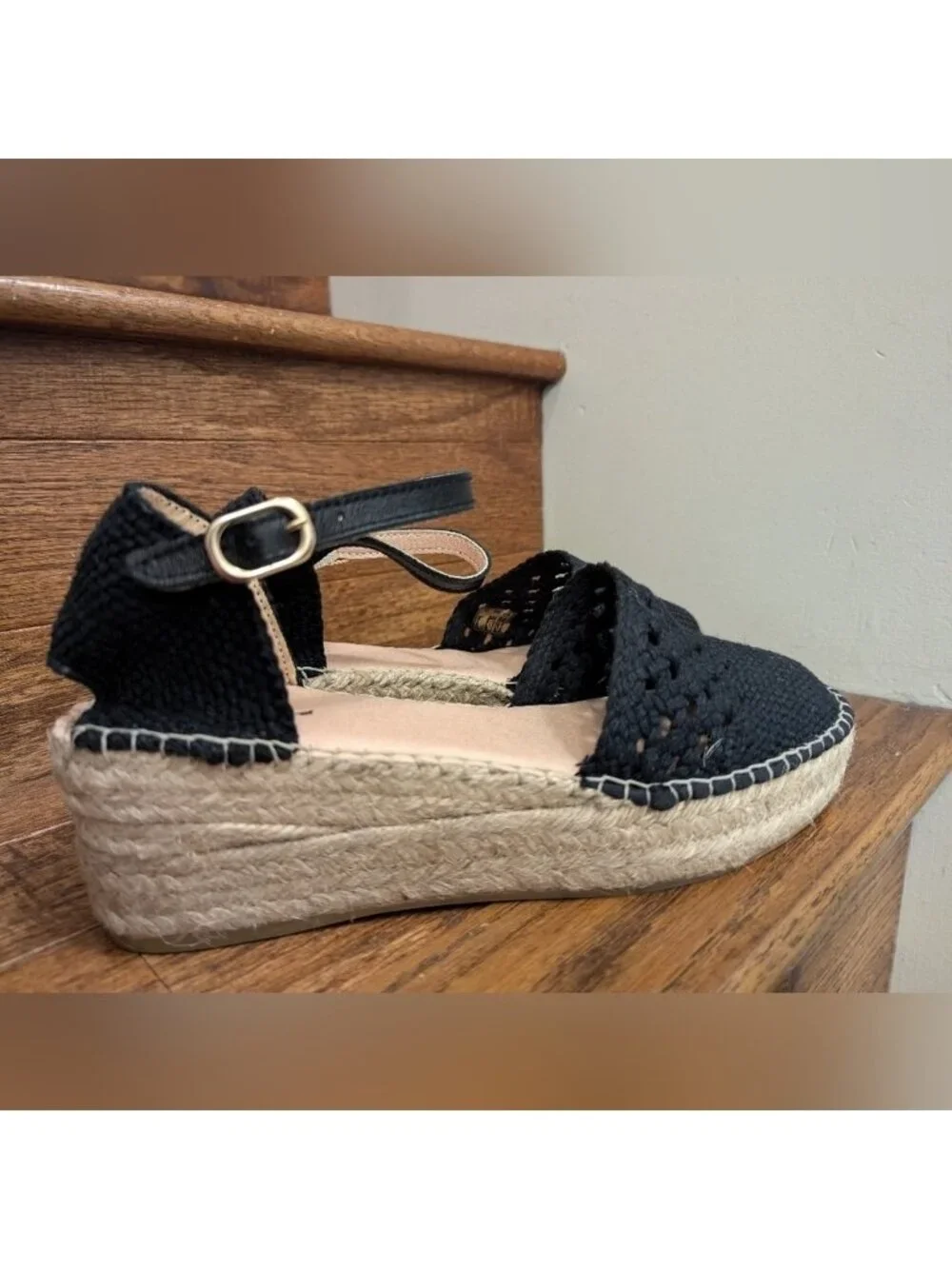 Browns Crochet Espadrille Sandal, black Woven Fabric Jute Platform SZ 11 EU 41